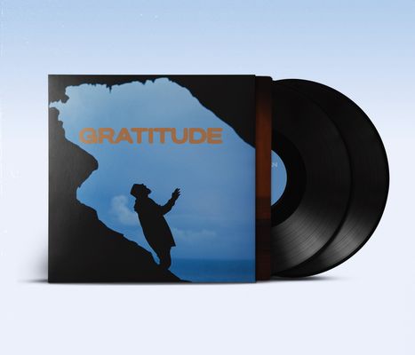 Text: "GRATITUDE". Das Bild zeigt eine Silhouette einer Person vor blauem Himmel, stehend auf einem Hang.