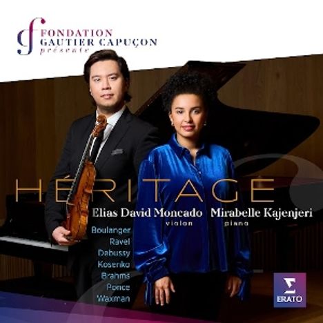 Texte: "FONDATION GAUTIER CAPUÇON présente HÉRITAGE Elias David Moncado violon Mirabelle Kajenjeri piano". Zwei Musiker vor einem Flügel.