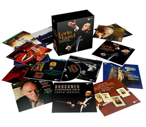 "18CD", "Lorin Maazel: The Complete Warner Edition". Diverse CD-Cover mit klassischen Musikthemen.