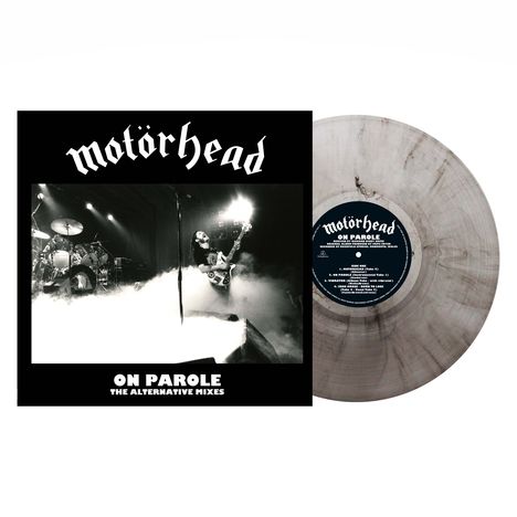 „Motörhead“, „On Parole“, „The Alternative Mixes“. Schwarz-weißes Cover mit Band während eines Auftritts, transparente Vinyl.