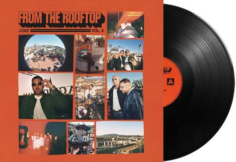 "FROM THE ROOFTOP COEZ VOL. 3." Eine Collage mit Fotos von Musikern und Stadtszenen, daneben eine Schallplatte.