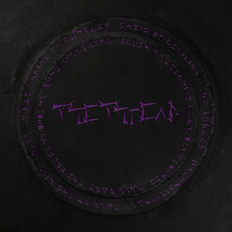 In der Mitte steht „THE TITAN“ in lila Schrift. Um den Text sind kreisförmig Symbole auf schwarzem Hintergrund angeordnet.