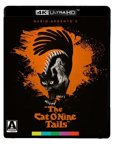 "Dario Argento's The Cat O' Nine Tails" in orange Schrift. Illustration einer Katze mit bedrohlicher Klaue und Frau.