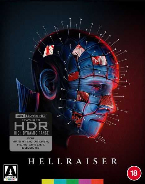 „HELLRAISER“: Ein Gesicht mit blauer Haut, gespickt mit Nadeln. Ein HDR-Logo und rote Altersfreigabe unten.