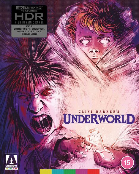 Auf einer Illustration Schriftzug "Clive Barker's Underworld". Zwei Gesichter, eins schreiend, ein weiteres mit leeren Augen.