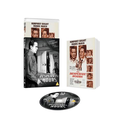 DVD und Buch mit "Humphrey Bogart", "Fredric March", "The Desperate Hours". Schachtel, Poster und Disc zeigen Spannungsszene.