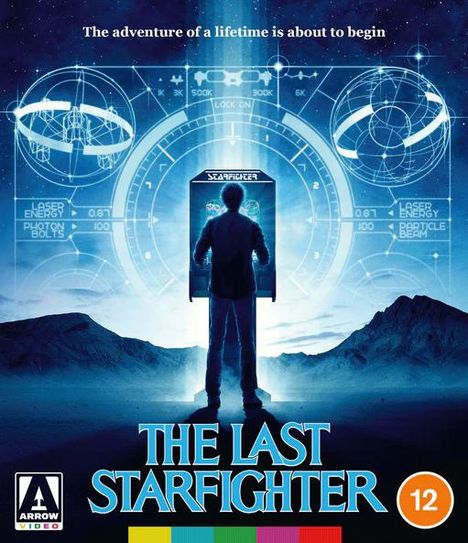 "The adventure of a lifetime is about to begin" und "THE LAST STARFIGHTER". Silhouette vor einer Arcade-Maschine.