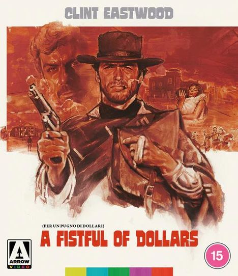 Text: "Clint Eastwood", "A Fistful of Dollars", "Per un pugno di dollari". Illustration: Ein Mann mit Hut und Pistole.