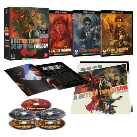 „A Better Tomorrow Trilogy“ auf Boxset und Booklet. Drei Blu-ray-Hüllen mit Action-Motiven. Sechs farbige Discs.