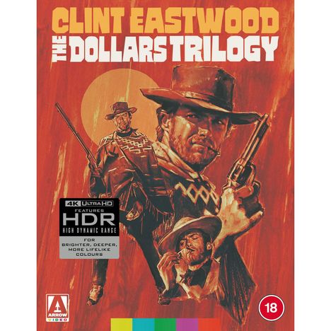 Text: "CLINT EASTWOOD THE DOLLARS TRILOGY", "4K Ultra HD", "HDR". Illustration: Drei Männer im Westernstil.