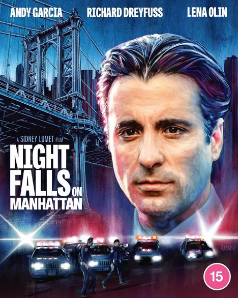 Text: "ANDY GARCIA RICHARD DREYFUSS LENA OLIN. A SIDNEY LUMET FILM NIGHT FALLS ON MANHATTAN." Illustration: Gesicht eines Mannes, Brücke, Polizeiautos.