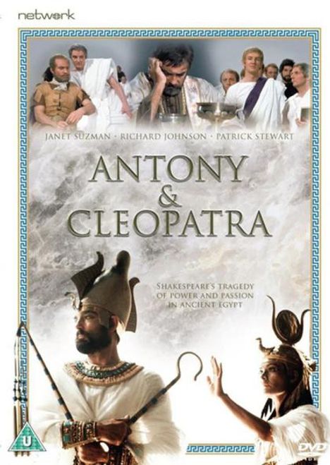 Der Text lautet: "ANTONY & CLEOPATRA". Oben römische Figuren, unten ägyptische in traditioneller Kleidung.