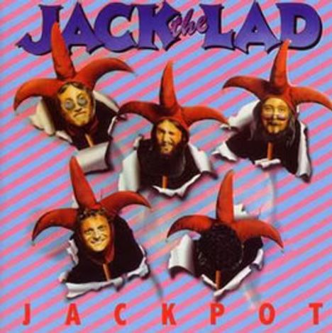 Text: "Jack the Lad Jackpot". Illustration von fünf Gesichtern mit roten Narrenmützen auf lila-gestreiftem Hintergrund.