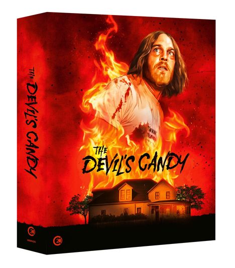 „THE DEVIL'S CANDY“ in schwarzer Schrift auf rotem Hintergrund. Illustration: Mann in Flammen über einem Haus.