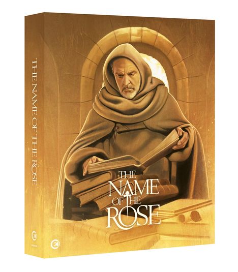 Text: "THE NAME OF THE ROSE". Ein Mönch liest über einem Stapel Bücher in einem Gewölbebogen sitzend.