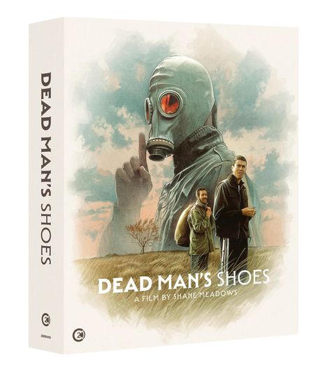 "DEAD MAN'S SHOES, A FILM BY SHANE MEADOWS." Illustration: Mann mit Gasmaske, zwei Männer in Landschaft.