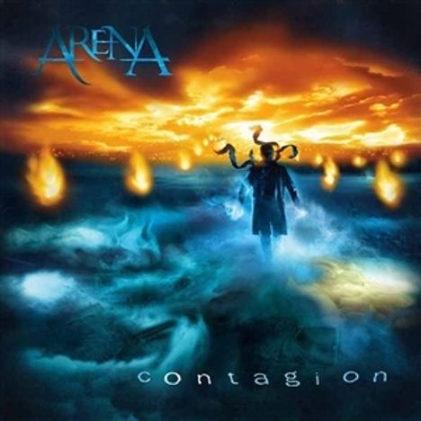 Oben steht "ARENA", unten "contagion". Eine Figur in Flammen auf leuchtendem Hintergrund.