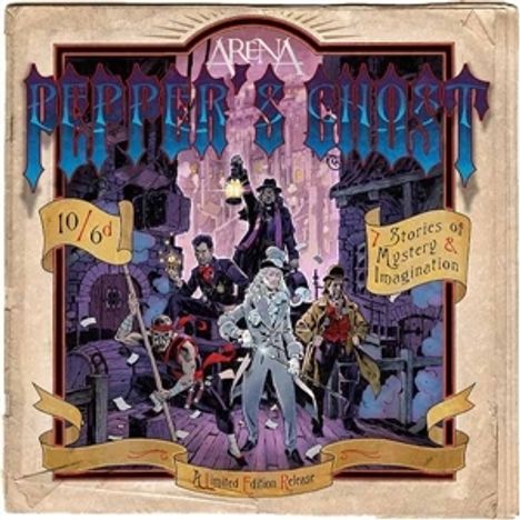 "ARENA PEPPER'S GHOST", "10/6d", "7 Stories of Mystery & Imagination", "A Limited Edition Release". Illustration von skurrilen Figuren in einer Gasse.
