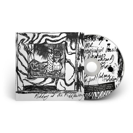 Schrift: "Midday at the Midway". Illustration: Mensch und Leopard in einem kreativen, abstrakten Stil, schwarze Linien.