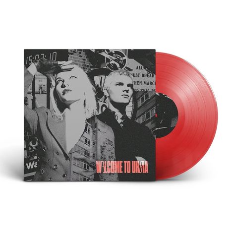 Text "WELCOME TO URDA" in Rot. Eine Collage aus Schwarz-Weiß-Bildern mit Personen und urbanen Elementen, rotes Vinyl.