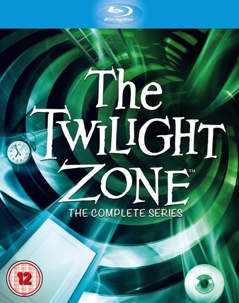 "The Twilight Zone: The Complete Series" in weißer Schrift auf grüner, surrealer Spirale. Uhr, Tür, Auge und Blu-ray-Logo sichtbar.
