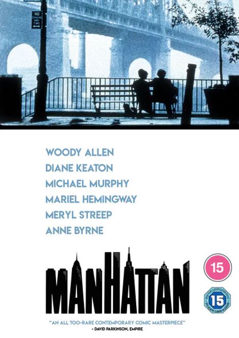Namen: Woody Allen, Diane Keaton, Michael Murphy, Mariel Hemingway, Meryl Streep, Anne Byrne. Silhouette von Paar auf Bank.