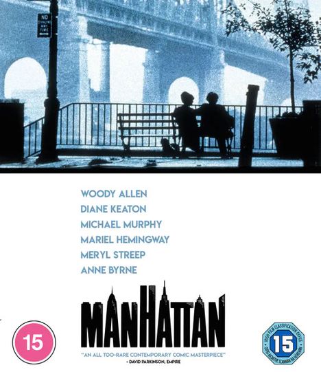 Liste von Schauspielern, darunter Woody Allen. Titel "MANHATTAN". Silhouette von Menschen auf einer Bank, Brückenbogen im Hintergrund.