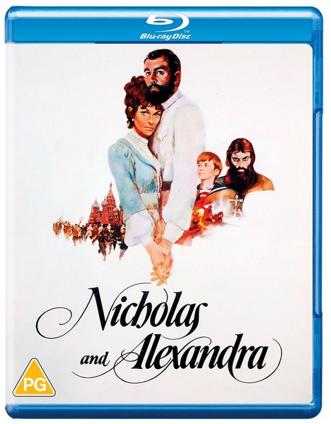 Text: "Nicholas and Alexandra". Illustration: Ein Paar prominent im Vordergrund, mit historischen Figuren und Gebäuden im Hintergrund.