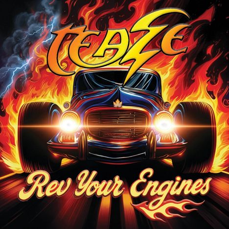 Feaze, Rev Your Engines. Illustration eines brennenden Autos mit glänzenden Scheinwerfern und Flammen im Hintergrund.