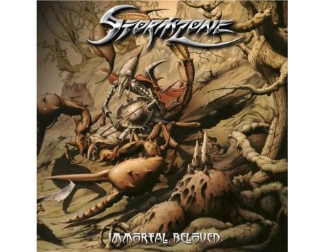 Text: "Stormzone", "Immortal Beloved". Illustration: Ein gepanzerter Krieger reitet auf einem riesigen Skorpion in einer Wüstenlandschaft.