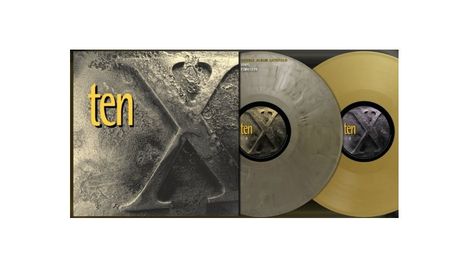 Text: "ten", "DOUBLE ALBUM GATEFOLD VINYL". Ein Albumcover mit großem "X" und zwei goldenen Schallplatten.