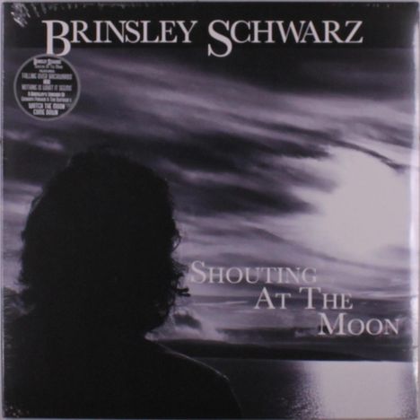 "BRINSLEY SCHWARZ" oben, "SHOUTING AT THE MOON" unten. Silhouette einer Person vor einem mondbeschienenen Himmel.