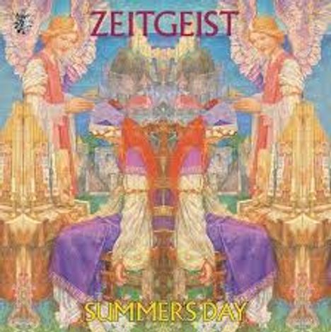 Oben steht "ZEITGEIST", unten "SUMMER'S DAY". Illustration mit Engeln und symmetrischen Mustern in lebhaften Farben.