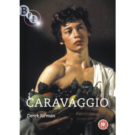 Text: "BFI", "CARAVAGGIO", "Derek Jarman". 

Ein junger Mann mit dunklen Locken, der Obst hält.