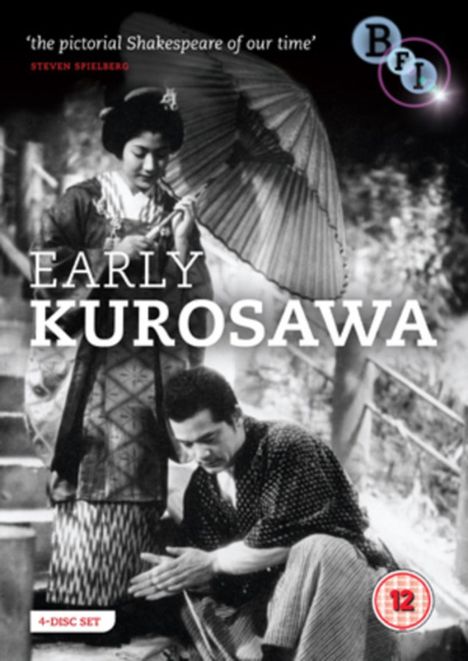 "Early Kurosawa", Zitat von Steven Spielberg, BFI-Logo. Schwarz-weiß Szene: Mann kniet, Frau mit Kimono und Schirm.