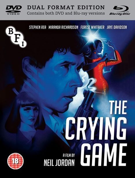 "Dual Format Edition: Beinhaltet DVD und Blu-ray. THE CRYING GAME. Illustration: Männergesicht, Frau mit Waffe im roten Kleid."