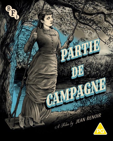 Text: "PARTIE DE CAMPAGNE", "A Film by JEAN RENOIR". Illustration einer Frau auf einer Schaukel im Wald.