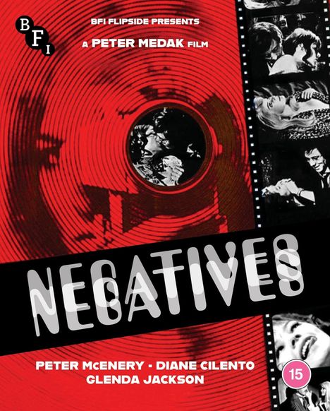 BFI Flipside präsentiert 'Negatives', ein Film von Peter Medak. Roter Hintergrund, Schwarz-Weiß-Fotos rechts.