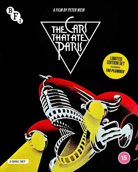 Text: "THE CARS THAT ATE PARIS", "A FILM BY PETER WEIR", "LIMITED EDITION SET Includes THE PLUMBER", "2-DISC SET", "15". Illustration: Ein stilisiertes Auto mit großen Scheinwerfern und einem aggressiv wirkenden Kühlergrill.