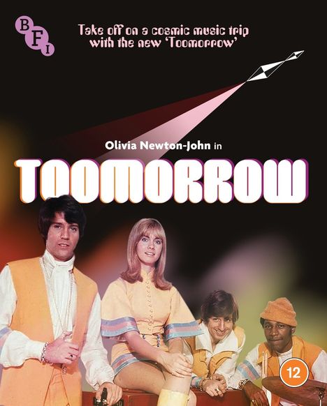 Text: "Take off on a cosmic music trip with the new 'Toomorrow'. Olivia Newton-John in TOOMORROW." Menschen in bunten Outfits.