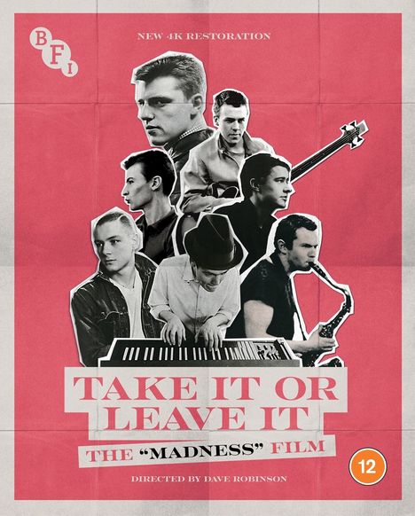 „TAKE IT OR LEAVE IT“, „THE 'MADNESS' FILM“, „DIRECTED BY DAVE ROBINSON“. Collage von Musikern vor rotem Hintergrund.