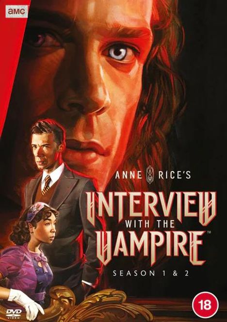 Text: "Interview with the Vampire, Season 1 & 2". Illustration zeigt dramatische Gesichter, eine Frau und einen Mann in eleganter Kleidung.