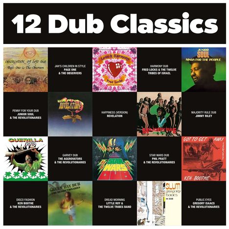 „12 Dub Classics“. Verschiedene Albumcover mit Dub-Musik-Titeln und Künstlernamen als Collage angeordnet.
