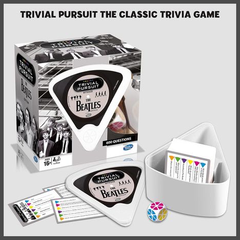 "Trivial Pursuit The Classic Trivia Game", 600 Fragen, The Beatles Edition. Zeigt Spielbox, Karten und Würfel.