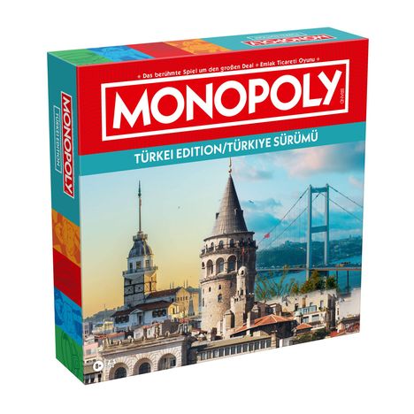 "MONOPOLY" in Weiß auf Rot, "TÜRKEI EDITION/TÜRKİYE SÜRÜMÜ" auf Türkis. Galataturm und Brücke im Hintergrund.