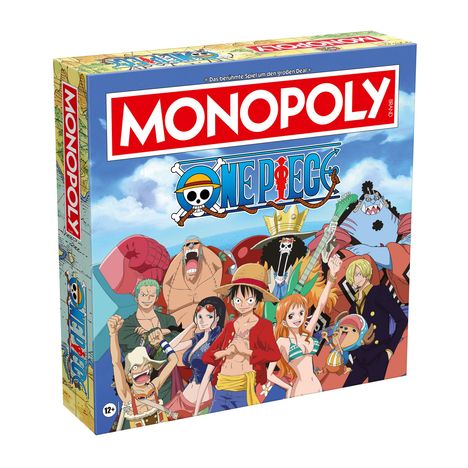 "MONOPOLY", "ONE PIECE"; bunte Charaktere aus der Serie, in fröhlicher Pose, mit Kartenmotiven im Hintergrund.