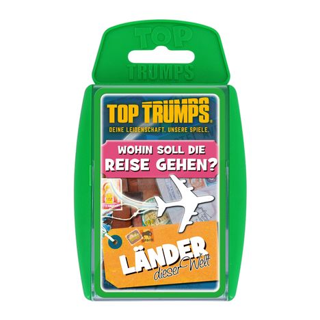 Ein grünes Kartenset mit der Aufschrift „Top Trumps“. Zu sehen sind ein Flugzeug und Reisezubehör.
