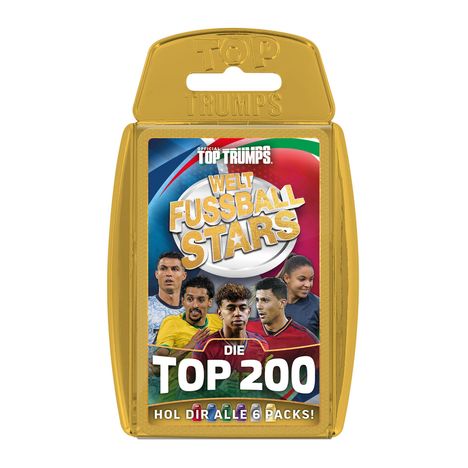 Text: "Welt Fußball Stars", "Die Top 200", "Hol dir alle 6 Packs!" Auf einer Verpackung mit Fußballspielern.