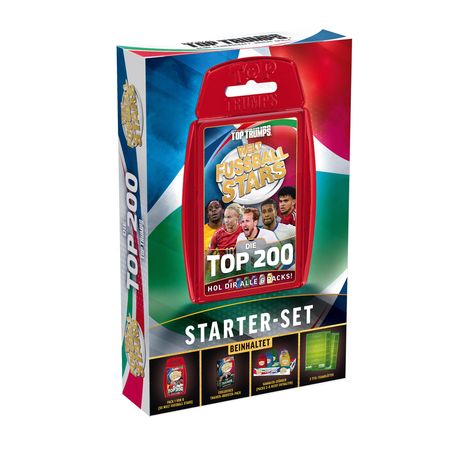 Top Trumps Welt Fußball Stars: Die Top 200. Starter-Set. Enthält 2 Packungen. Abbildungen von Fußballspielern.