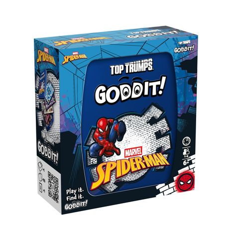 „TOP TRUMPS GODDIT! MARVEL SPIDER-MAN“. Spiderman auf einer blauen Verpackung, Spiel für 1-6 Spieler ab 6 Jahren.